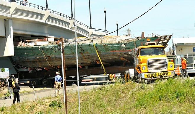 The eighty foot, forty ton, one-of-a-kind Chinese junk Free China barely makes it under the Bethel Island bridge as it  leaves the Marine Emporium in Bethel Island, Calif. on its way to the Fulton Shipyard in Antioch Thursday, April ,19, 2012. Faced with imminent destruction, the historic and culturally significant Chinese junk has been saved and is set to begin its journey to China. (Dan Rosenstrauch/Staff) ©  SW